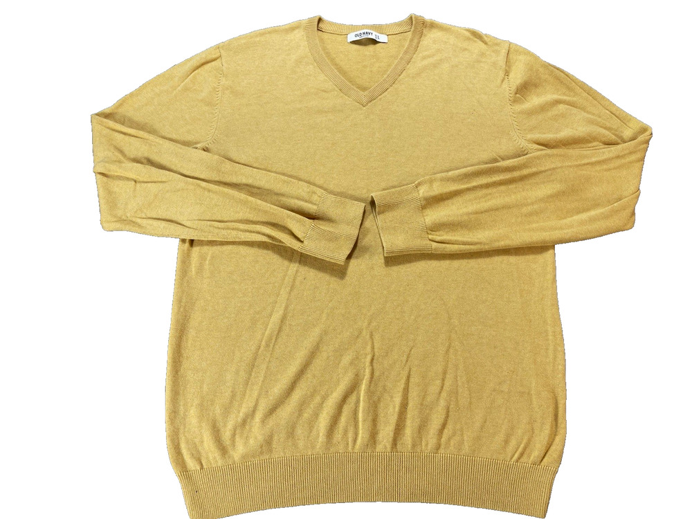 Old Navy Men's Yellow Sweater V-Neck Large Long Sleeves 100% Cotton Casual Knit